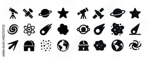 Astronomy icons: telescope, planet, star, atom, comet, galaxy