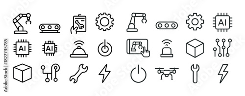 Industrial automation icons: robots, ai, controls, tools, technology symbols