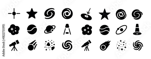 Space and astronomy icons set of 24 black simple symbols