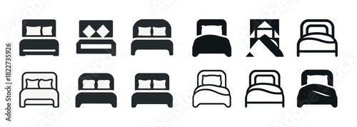 Set of twelve bed icons in various styles for interior design