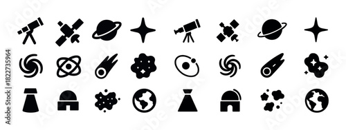 Space exploration icon set: telescopes, satellites, planets, and stars