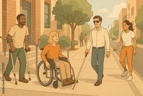 Colorful illustration of diverse individuals with disabilities interacting in an inclusive urban sidewalk scene.