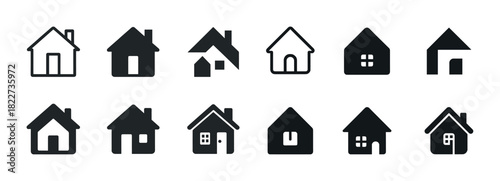 Set of twelve diverse house icon silhouettes in black and white