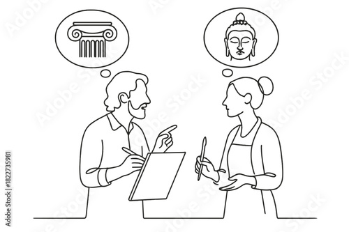 Artistic Exchange. Creative Dialogue. Minimalistic one-line drawing two artists discussing sketch with thought