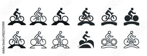 Set of bicycle icon variations featuring different riding styles and symbols