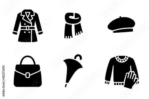 Autumn Fashion Icons. Autumn fashion. Filled icon set of autumn fashion: trench coat, ankle boots, scarf,