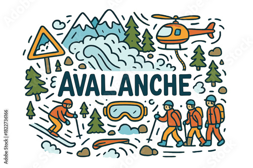 Avalanche Doodle Scene. Avalanche. Hand-drawn doodle illustration of avalanche. Snow waves, mountain peaks,
