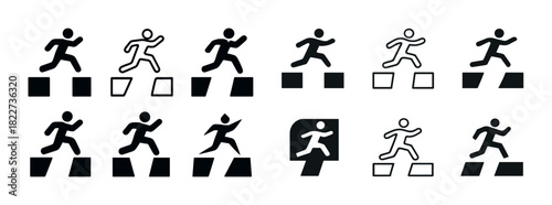 Icon set of human figures jumping over obstacle blocks