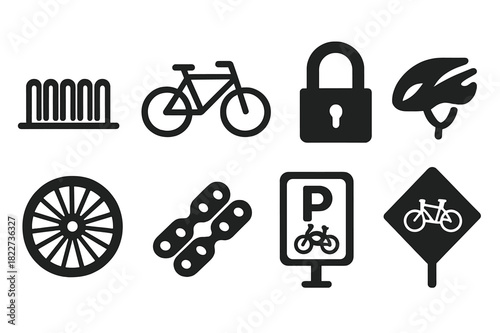Bicycle Storage Icons. Bicycle Storage. Filled icon set of Bicycle Storage: bike rack, bicycle, lock, helmet,