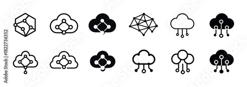 Set of cloud computing network icons in black and white