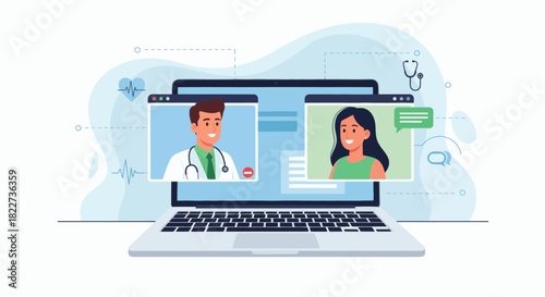 Online Medical Consultation with Doctor and Patient on Laptop Screen.