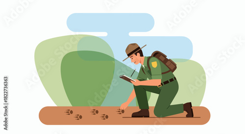 Park Ranger Investigating Animal Tracks in Nature.
