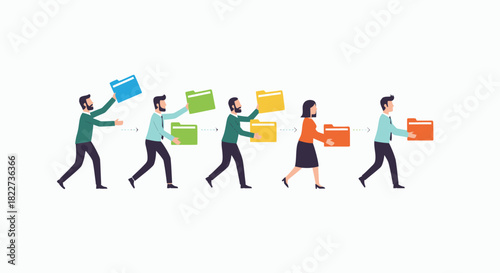 People carrying folders in a line illustrating document management and workflow.