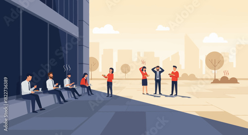 People waiting in line outside a building some using phones others looking frustrated in the sun.