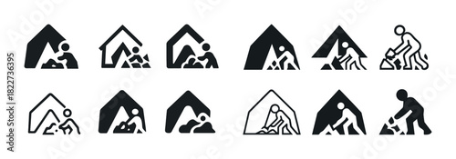 Icon set of people and pets in various shelter designs