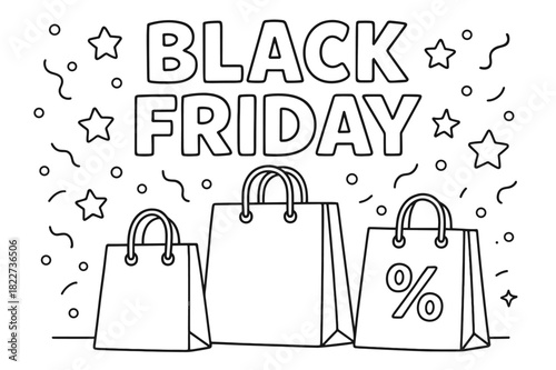 Black Friday Coloring Fun. Black Friday shopping event children?s coloring book illustration, outlined drawing