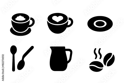 Black Coffee Icons. Coffee Art. Filled icon set of Coffee Art: cappuccino, heart foam, latte design, saucer,