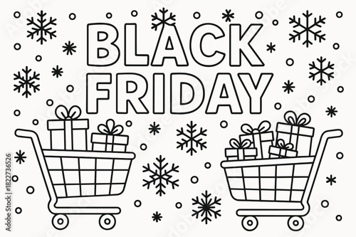 Black Friday Coloring Fun. Holiday sale sign children?s coloring book illustration, outlined drawing, "Black