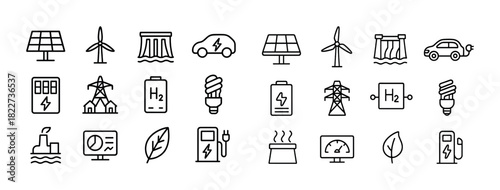 Energy icons collection featuring solar panels, wind turbines, electric vehicles, and batteries
