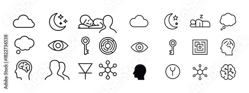 Sleep and mind icons set: clouds, moons, keys, labyrinths, and profiles