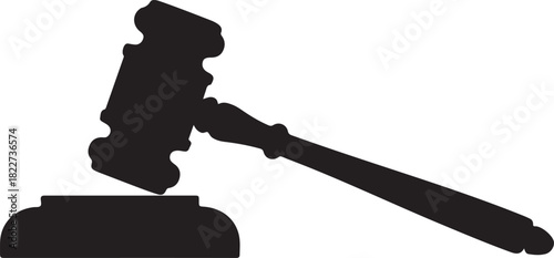 Black silhouette of a gavel striking a sounding block on a white background judge justice