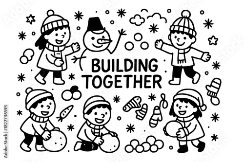 Building Snowman Fun. Building together. Hand-drawn doodle illustration of building together. Snowman, group