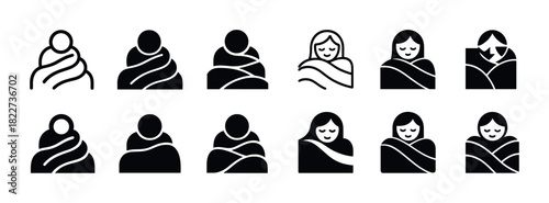Stylized blanket-wrapped figures icons in various designs