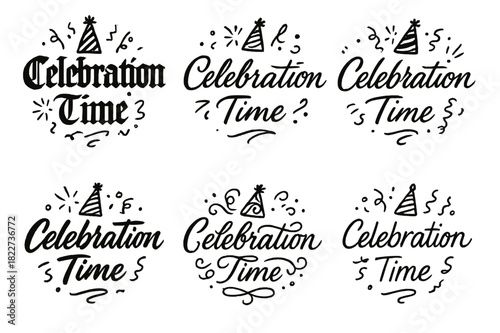 Calligraphy Celebration Styles. Celebration Time. Create a calligraphy lettering illustration of the phrase: