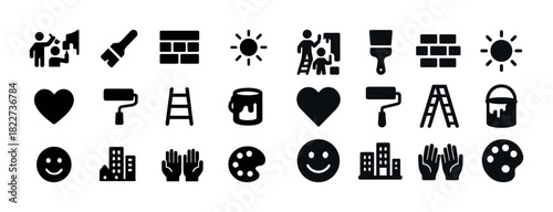 Home improvement and artistic tools icon set with paint brushes and hearts