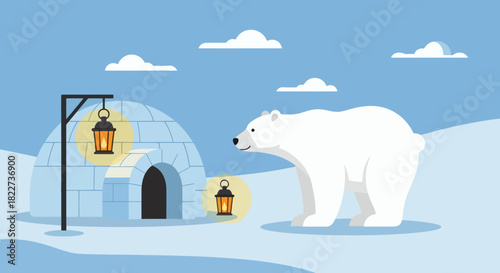 Polar Bear and Igloo in a Winter Wonderland.