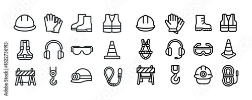 Construction safety equipment icons: helmets, gloves, boots, vests, goggles, headphones