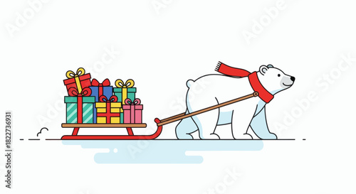 Polar Bear Pulling Sleigh Full of Christmas Gifts.