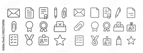 Outline office icons collection: envelopes, medals, id cards, and checklists