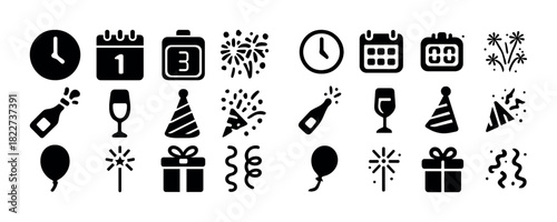 New year celebration icons: clock, calendar, fireworks, party hat, champagne, gift, balloon