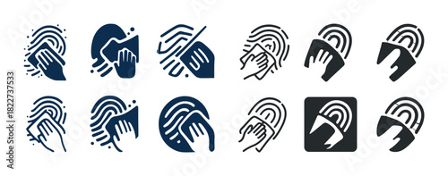 Fingerprint identity icons with hand interaction - security and biometrics symbols