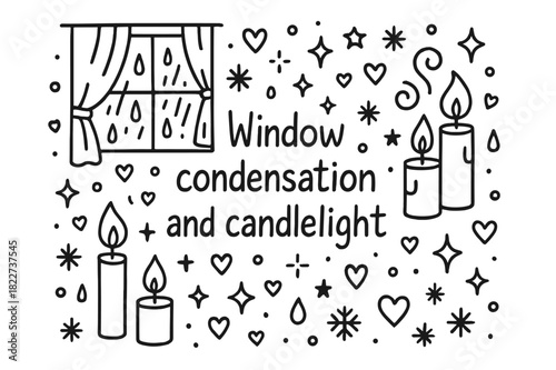 Candlelit Window Doodles. Window condensation and candlelight. Hand-drawn doodle illustration of Window