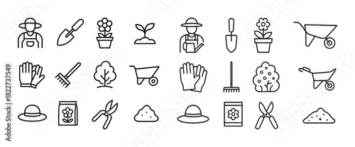 Gardening icon set: tools, plants, wheelbarrow, gloves, rake