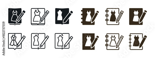 Outline icons of dress design with notebook and pencil in various styles