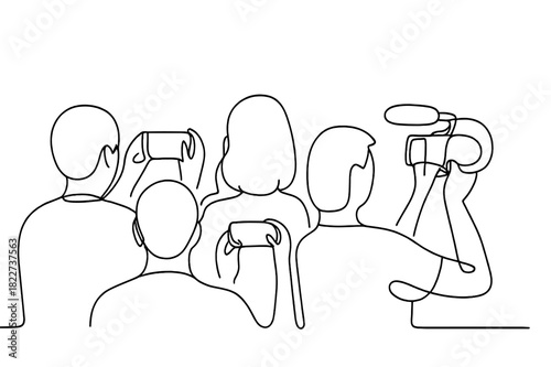 Capturing the Broadcast. Media Engagement. Minimalistic one-line drawing group of viewers recording or taking