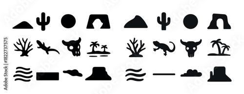 Desert icon set: cactus, skull, waves, rock formations, reptiles