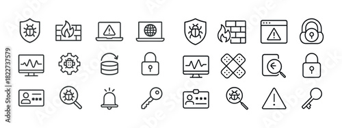 Cybersecurity icons: protection, firewall, malware, vulnerability, encryption, identification