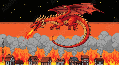 Red Dragon Attacks Village with Fire in Pixel Art Style.