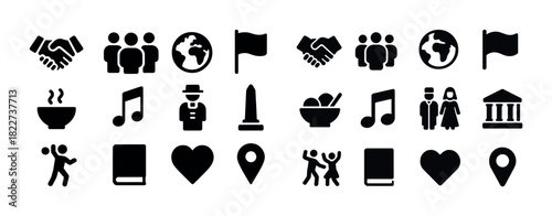 Variety of black silhouette icons: communication, food, music, travel, people, and symbols