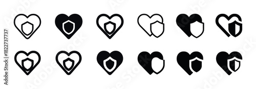 Heart and shield icons collection: security and protection symbols