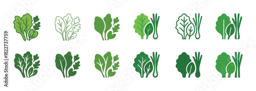 Variety of green leafy vegetables icons: spinach, kale, lettuce, bok choy, and more