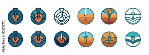 Colorful geothermal energy icons set with circular designs