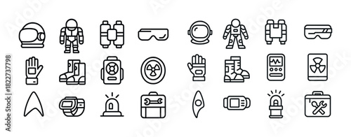 Space exploration icons: suits, helmets, tech, and gear collection