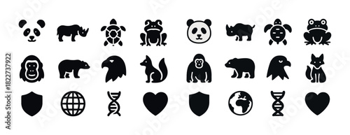 Animal icons set: panda, rhino, turtle, frog, bear, eagle, fox, gorilla, dna, globe