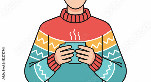 a person wearing colorful knitted sweater holding a cup of hot tea flat vector
