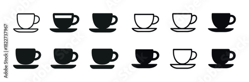 Silhouette icons of teacups and saucers in various styles